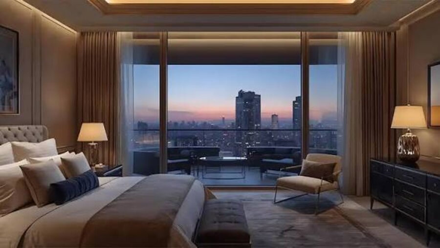 Oberoi Three Sixty North — bedroom interior with skyline view